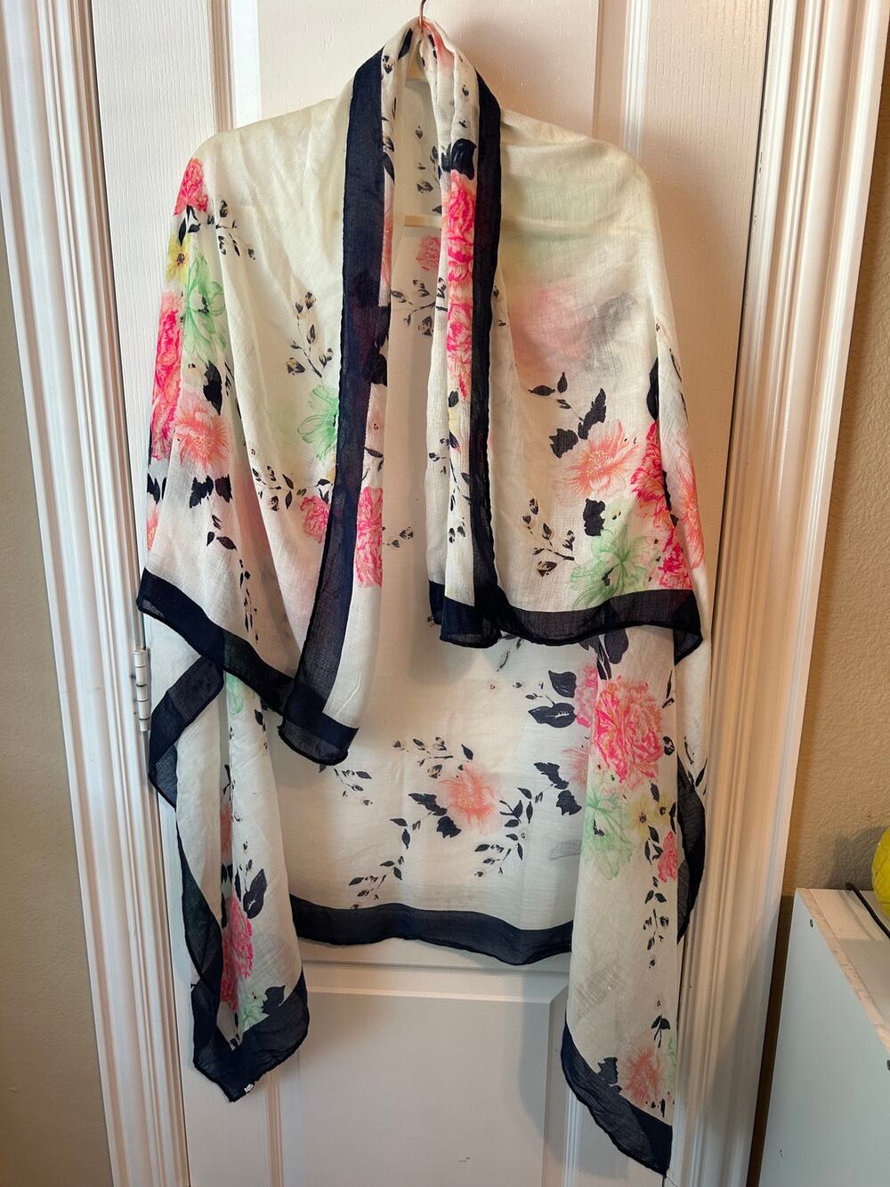 White Floral Trim Scarf, Wrap, Kimono, Cover Up